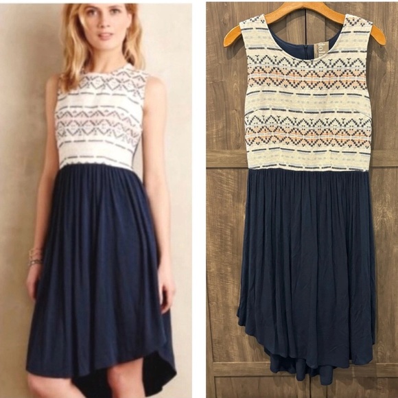Anthropologie Dolan Left Coast Medium Sabado Embroidered Dress Blue Cream Sz L - Picture 1 of 9